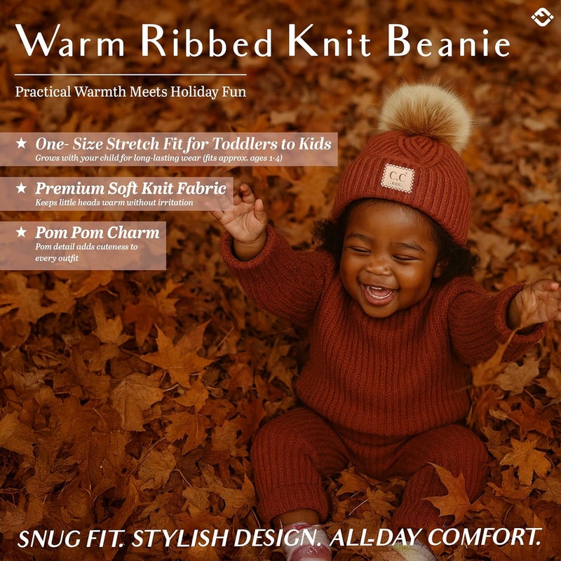 Funky Junque Toddler Pom Beanie – Kids Winter Hat for Ages 1–4, Baby Boy & Girl Knit Beanies, Warm Cozy Knit Snow Hats - Image 2